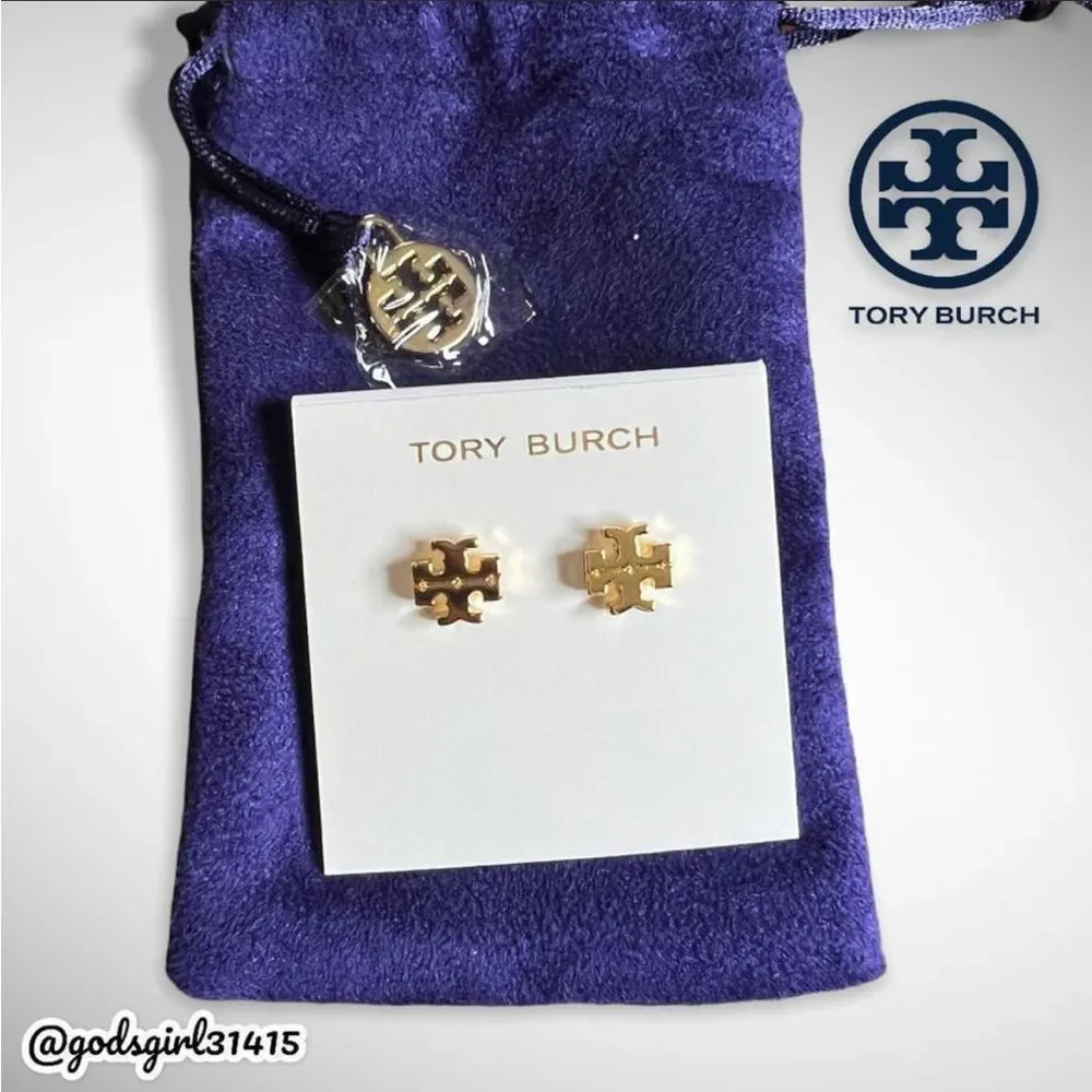 NWT Tory Burch 18K Gold Plated Kira Logo Stud Earrings & Dust Bag $78 - Picture 10 of 12